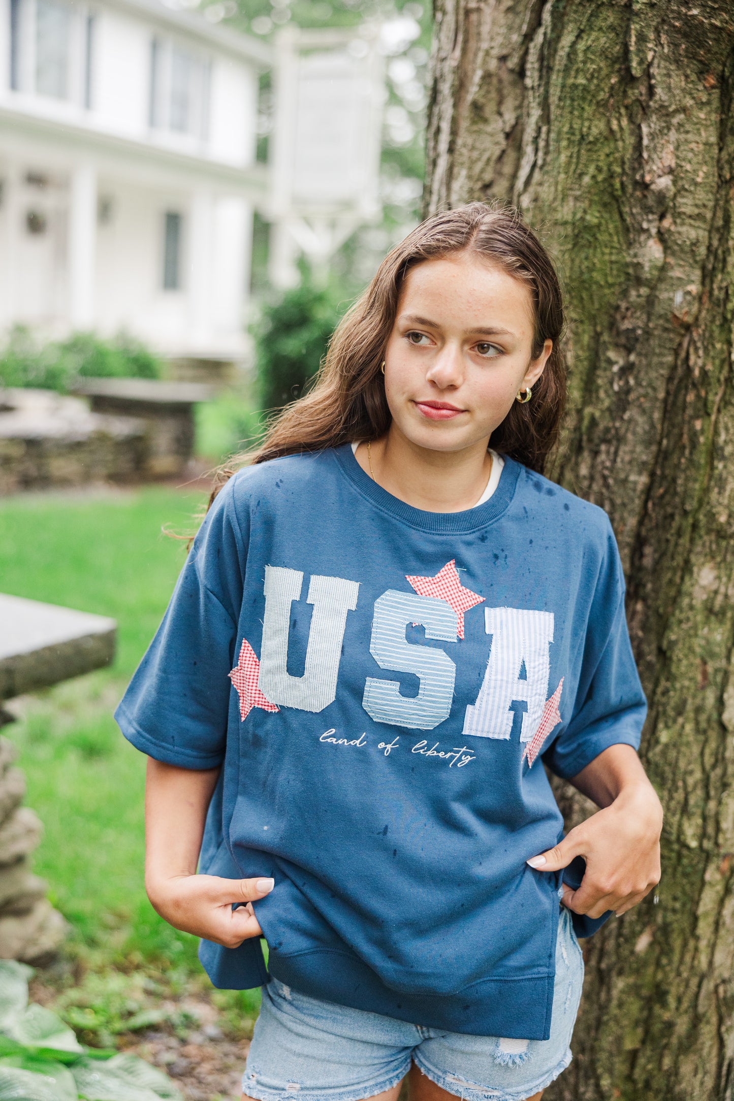 Dark Blue "USA" Patchwork Oversized Tee