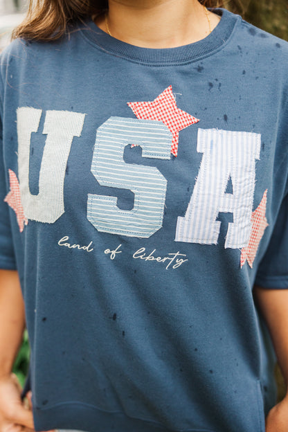 Dark Blue "USA" Patchwork Oversized Tee