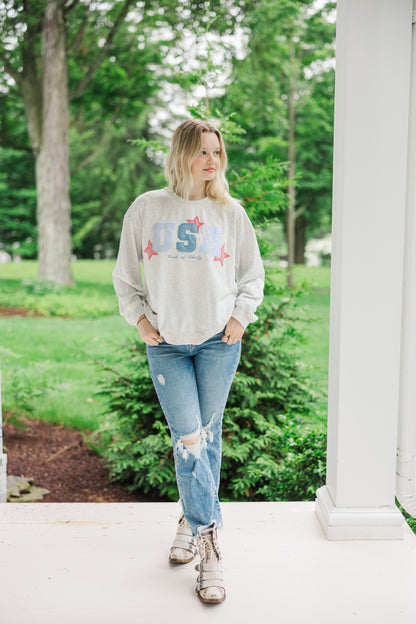 Ivory "USA" Patchwork Oversized Crewneck