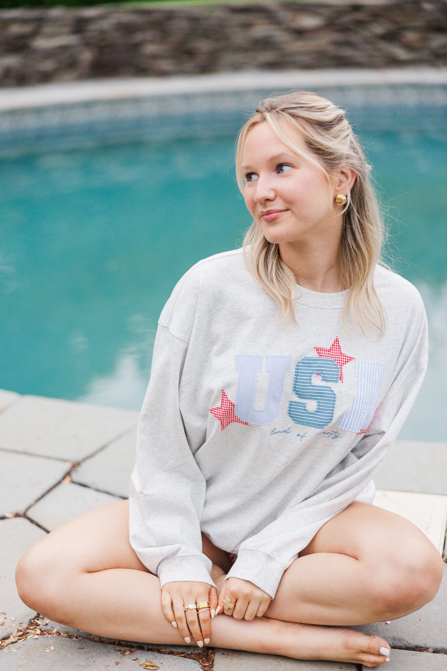 Ivory "USA" Patchwork Oversized Crewneck