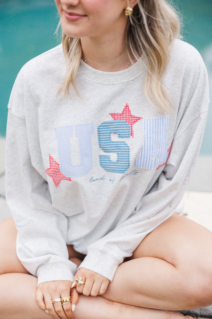 Ivory "USA" Patchwork Oversized Crewneck