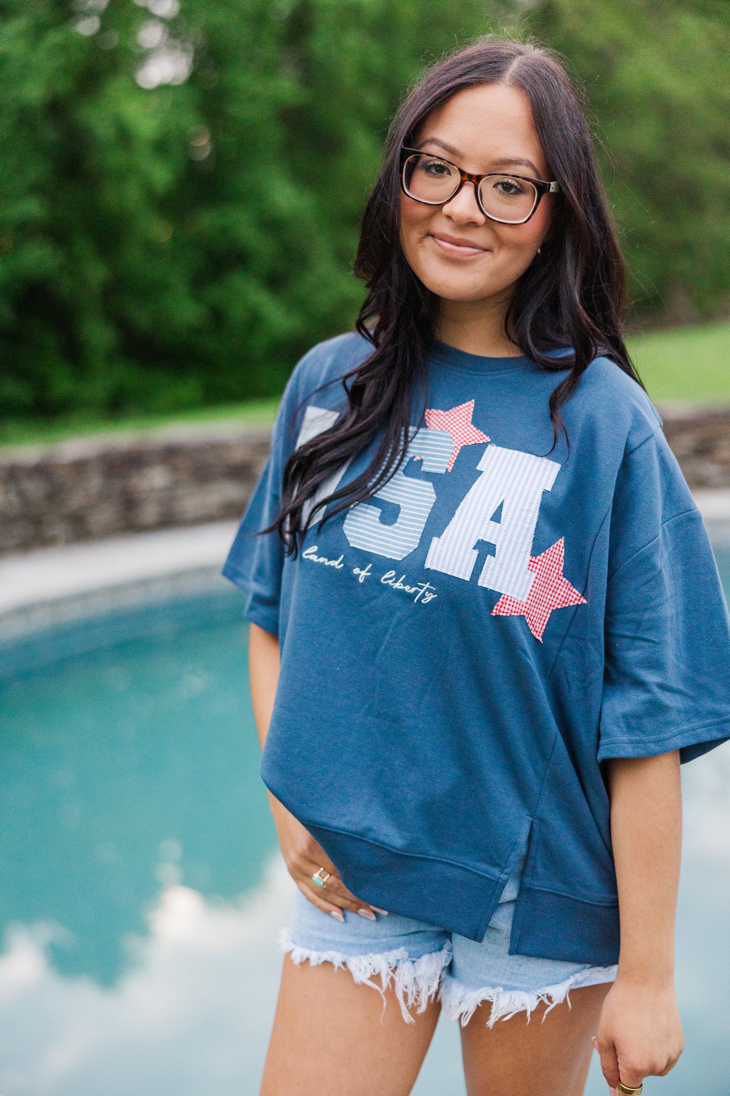 Dark Blue "USA" Patchwork Oversized Tee
